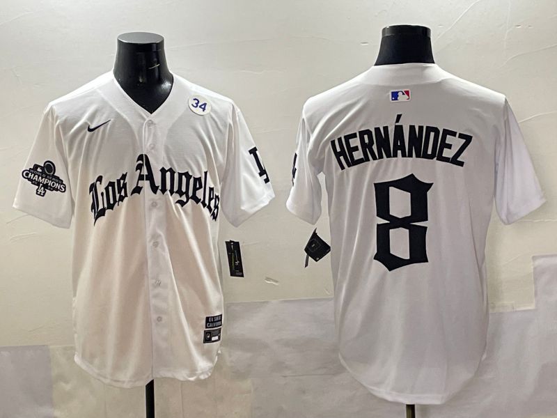 Men 2025 Los Angeles Dodgers #8 Hernandez White Five generations Joint Name Nike MLB Jersey style 51811